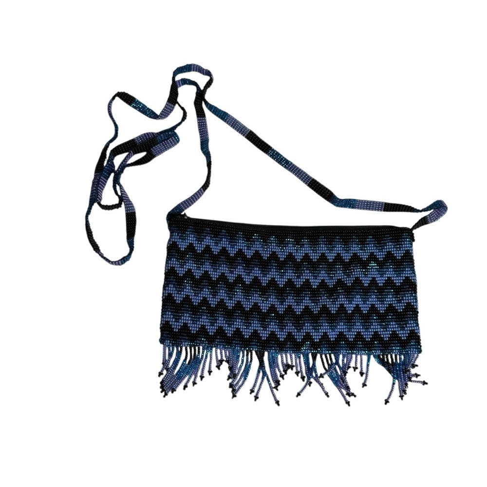 Beaded Purse Bag Chevron Purple Blue Black Crossbody BeadedStrap Handmade Fringe - Picture 6 of 6